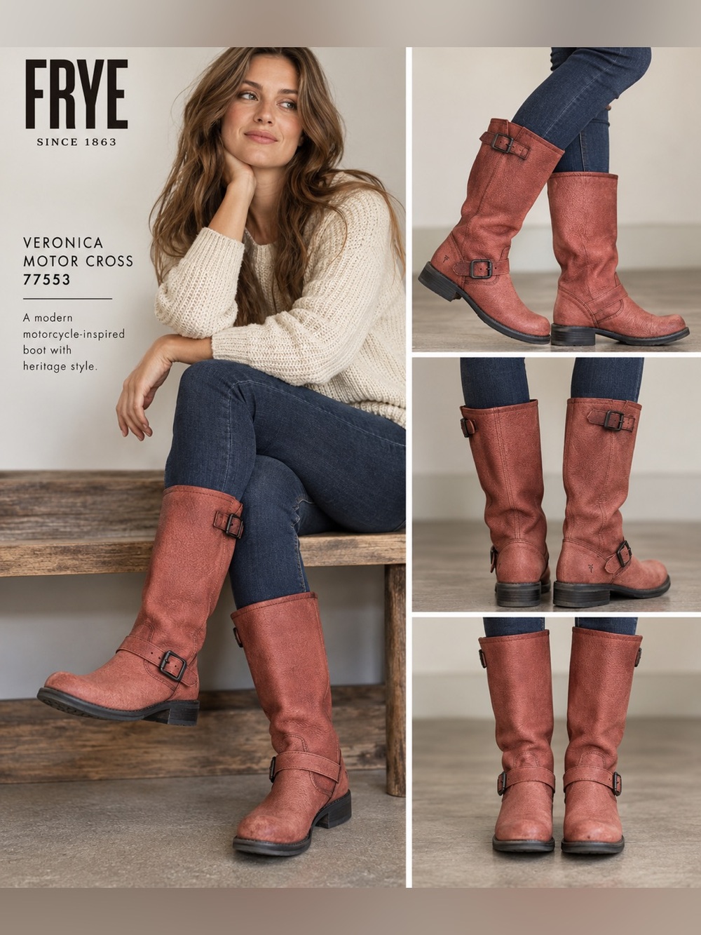 Frye Veronica Motor Cross 77553 Rust Red Leather Moto Boots 6.5 B